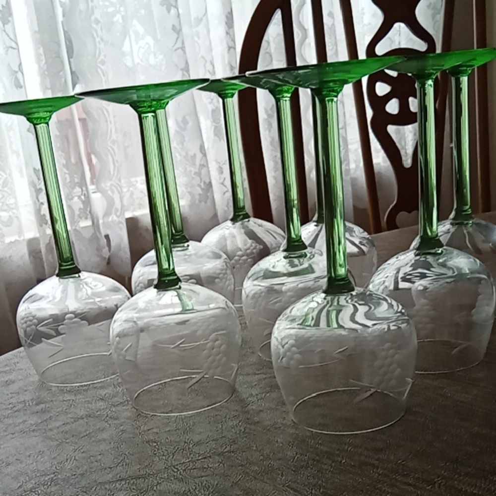 Set of 9 Green Stem Wine Glasses